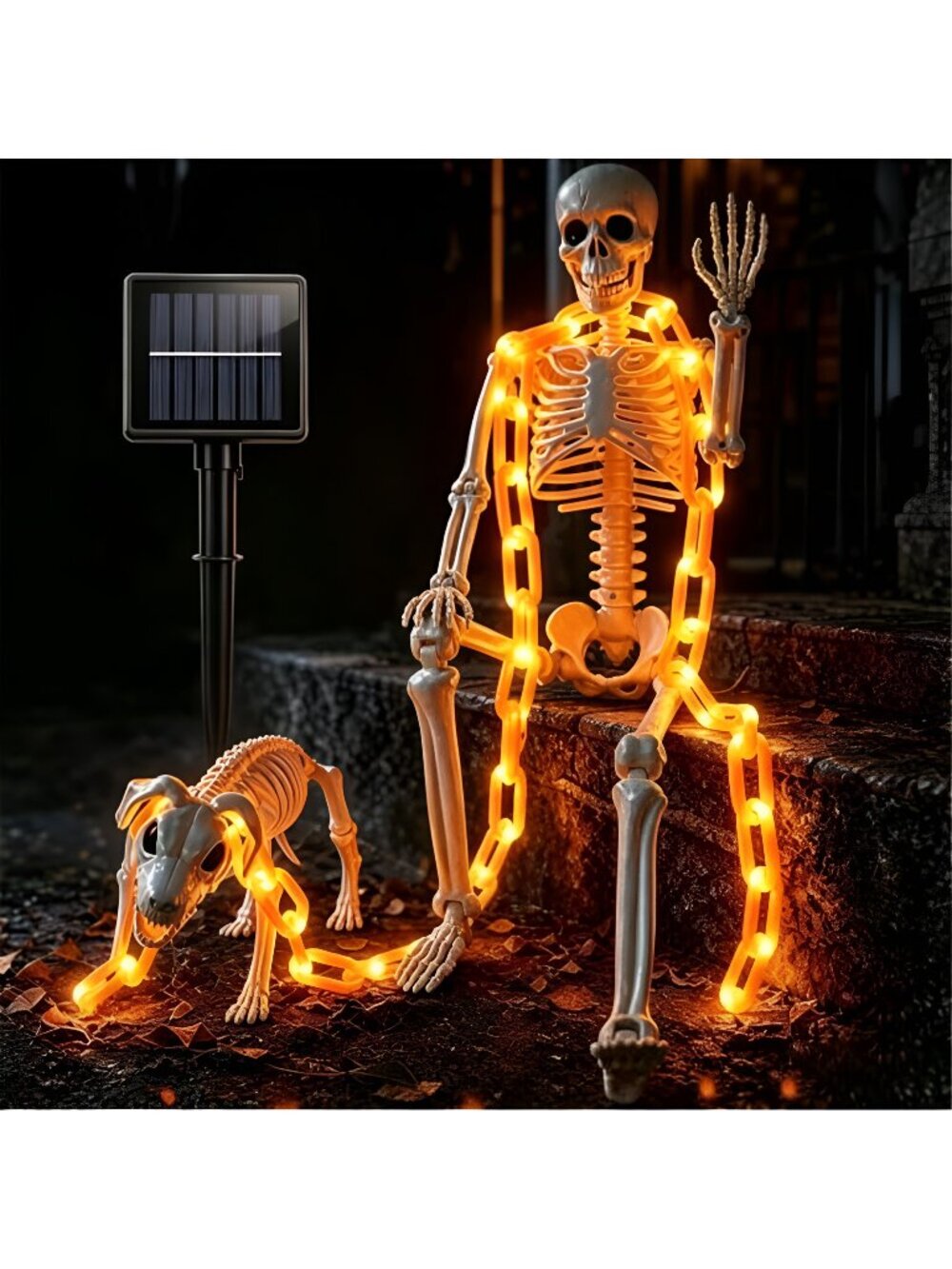 3Ft Skeleton & Dog Skeleton with Light Chain, Outdoor Halloween Decorations